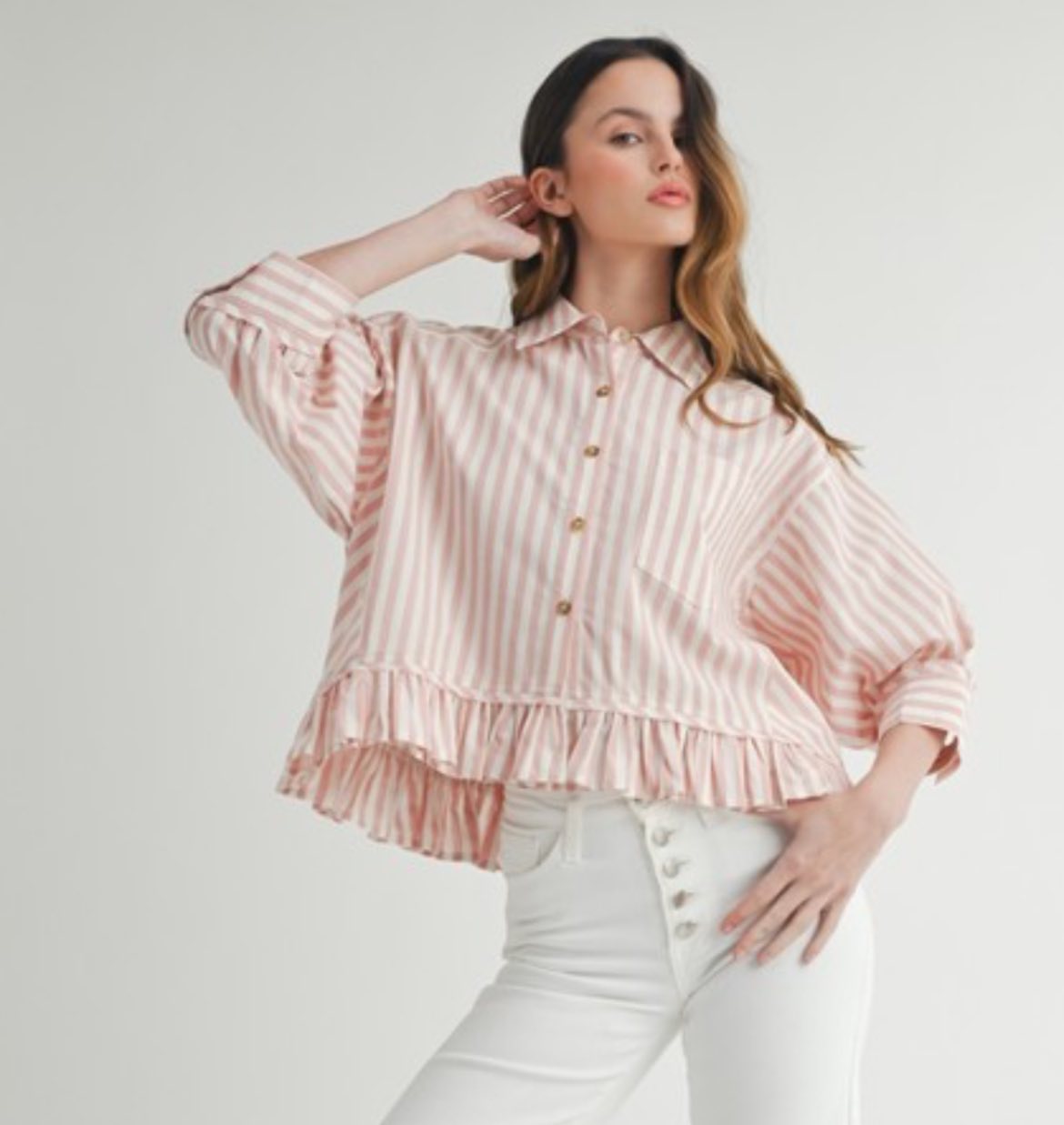 Pink Stripe Ruffle Blouse